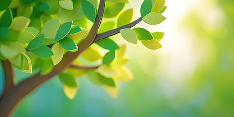 Poster - A close-up view of a stylized tree branch adorned with vibrant green leaves, set against a soft, blurred background that evokes a serene, natural atmosphere, Corporate Social Responsibility, CSR.