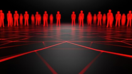 Poster - Red Figures Stand on a Geometric Network Floor Abstract Digital Art Background