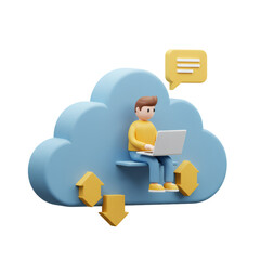 Poster - 3D Render of Man Working on Laptop in a Cloud