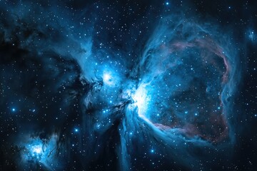 a breathtaking cosmic scene with a vibrant blue nebula illuminating the darkness, speckled with coun