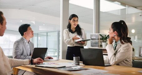 Poster - Business woman, tablet and brainstorming with group in meeting for insurance, finance or risk management. Technology, collaboration and discussion of ideas, presentation or planning policy in office