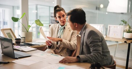Poster - Business people, files and talking with team in office for insurance, financial coverage and strategy. Document, collaboration and discussion with manager brainstorming ideas for planning policy