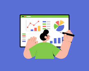 Poster - Woman Analyzing Financial Data on a Screen: Charts, Graphs and Diagrams for Strategic Planning and Investment
