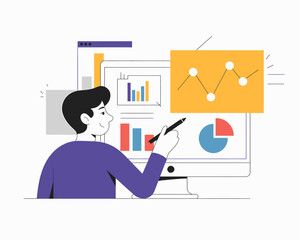 Poster - Man Analyzing Business Data on Computer Screen with Charts and Graphs - Vector Illustration