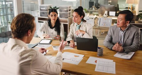 Poster - Collaboration, meeting and proposal with business people in boardroom of office together for strategy. Documents, laptop and review with employee team in workplace for seminar, training or workshop