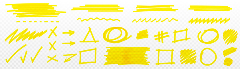 Poster - yellow highlight marker lines set isolated on transparent background. vector realistic illustration 