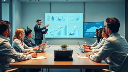 Poster - Diverse team collaboration strategies for business growth in a modern office setting showing graphs