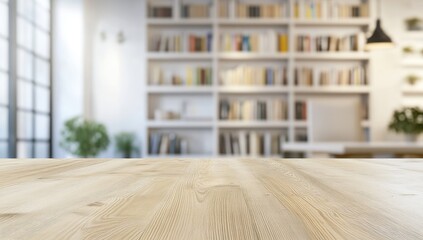 Light-toned wooden surface in front of a blurry, well-lit library