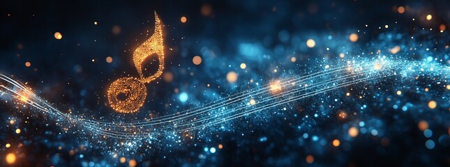 Aufkleber - a musical note is shown in a blue and orange swirl of light. vector music note on a dark blue backgr