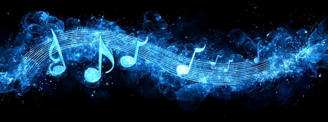 Aufkleber - a blue wave with musical notes on it. vector music note on a dark blue background, vector illustrati