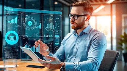 Poster - Businessman interacting with futuristic augmented reality interface displaying data analytics visuals