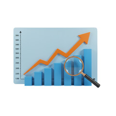 Poster - 3D Render of a Blue Financial Growth Chart with Orange Arrow and Magnifying Glass