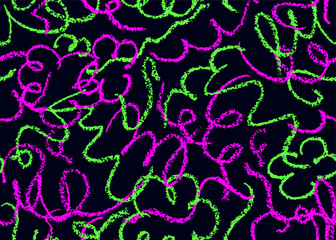 Poster - Seamless pattern with doodle chalk lines. Modern acid pink green stroke squiggles drawn by wax pencil on white blackboard. Vector funny colorful wallpaper handdrawn on chalkboard by pastel or charcoal