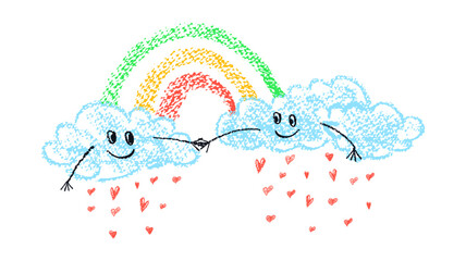 Wall Mural - cute clouds with rainbow, couple in love holding hands, hearts raining down. pastel crayon vector il