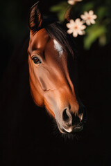 chestnut horse posing with white feather on forehead in dark stable