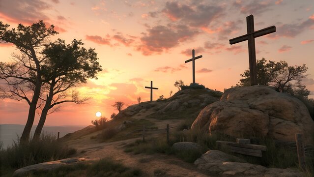 three crosses on a hill at sunset religious easter background christian faith crucifixion good frida