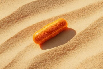 Poster - Bright orange capsule resting on golden sand highlighting contrast between nature and man-made objects during daylight