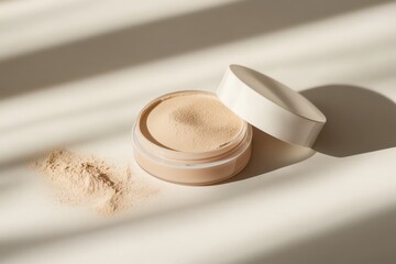 Poster - Natural loose powder cosmetics in a light setting on a wooden surface with soft shadows