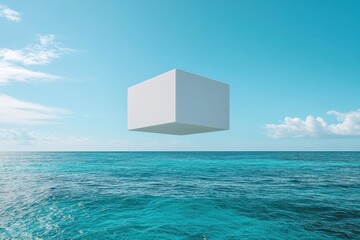 Poster - Floating cube above calm ocean waters under clear blue sky offers a surreal coastal view at midday