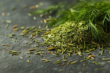 Poster - Fresh herbs and dried dill piled on a dark countertop showcasing vibrant colors and textures in a culinary setting