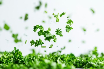 Poster - Fresh parsley leaves floating above a vibrant green pile, showcasing the beauty of culinary herbs in a simplistic setting