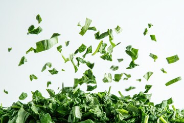 Poster - Chopped green leaves flying in the air with a light background during food preparation for a healthy meal