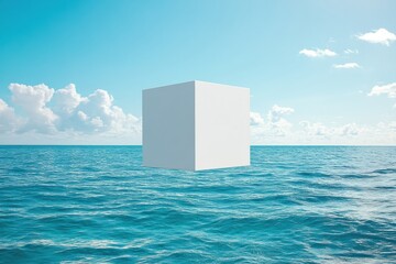 Poster - Floating white cube over calm ocean under a clear sky with scattered clouds creates a surreal visual experience