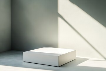 Aufkleber - Minimalist interior with geometric shapes and natural light highlighting a white platform in a serene setting
