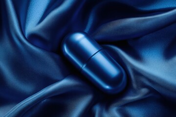 Leinwandbilder - Blue capsule resting elegantly on smooth satin fabric in a soft light with subtle shadows enhancing the luxurious feel