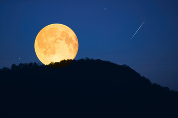 Wall Mural - full moon, stars, planets and landscape scenery silhouettes.