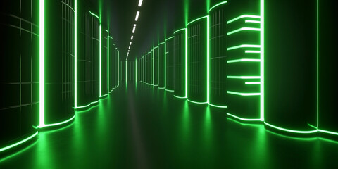 Aufkleber - Futuristic corridor illuminated by glowing green neon energy Generative AI