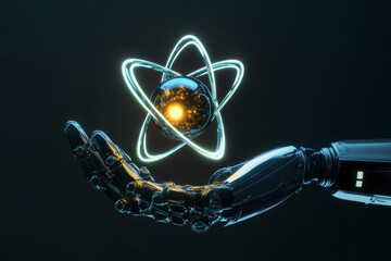 Poster - Futuristic robot arm holding an atom model representing energy Generative AI