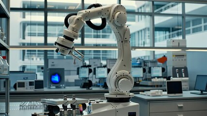 Poster - Robotic arm operates meticulously in a state-of-the-art lab, highlighting technological advancements in research and automation