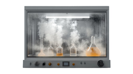 A laboratory chemical fume hood with a working chemistry experiment inside on a transparent background 