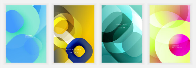 Poster - Colorful abstract posters with overlapping rounded shapes, fluid gradients in blue, green, yellow, and pink tones, creating soft transitions and layered depth