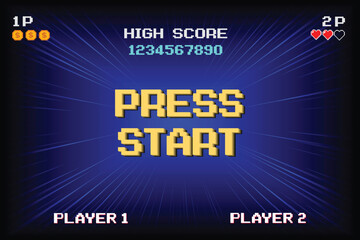 Leinwandbilder - PRESS START. INSERT A COIN TO CONTINUE. pixel art .8 bit game. retro game. for game assets .Retro Futurism Sci-Fi Background. glowing neon grid. and stars from vintage arcade computer games