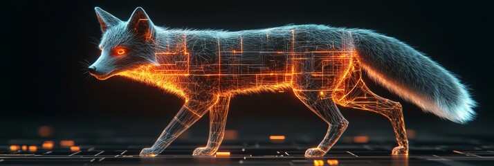 Poster - Futuristic Blue Holographic Fox on Dark Background, Rendered Illustration Innovation in Tech