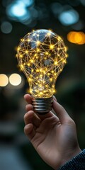 Poster - Human Hand Holding Glowing Light Bulb With Connected Lines, Concept for Idea, Network, Global