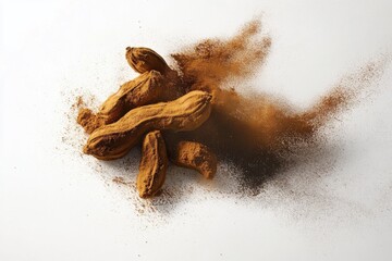 Poster - Ground tamarind pods scattered on a white surface showcasing the rich texture and color in a culinary setting