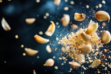Aufkleber - Garlic cloves and garlic powder exploding in a culinary display against a dark background