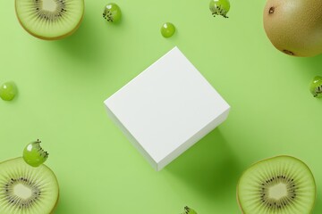 Poster - Fresh fruit arrangement with kiwis, grapes and a white box on a vibrant green background