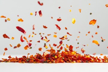 Aufkleber - Vibrant red chili flakes scattering on a white surface, creating a dynamic culinary display