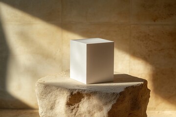Poster - Simple white cube on stone pedestal illuminated by soft natural light in modern interior space