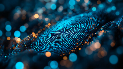 Poster - close-up of a glowing blue fingerprint on a dark, textured surface with bokeh lights, representing d