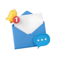 Poster - 3D Email Notification Icon with Envelope, Bell Alert, and Chat Bubble. Isolated Communication Symbol for Messaging Apps, User Interface, Mobile Alerts, and Web Design