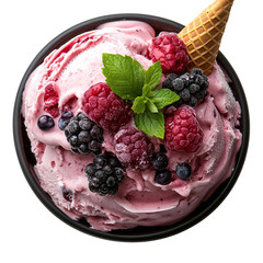 Wall Mural - Top view of a delicious looking Frutti di Bosco Gelato on a dark cone holder isolated on a white transparent background