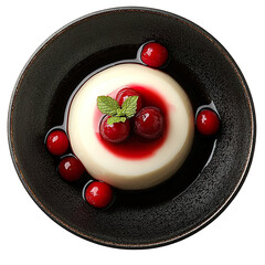 Wall Mural - Top view of a delicious looking Panna Cotta on a dark bowl isolated on a white transparent background