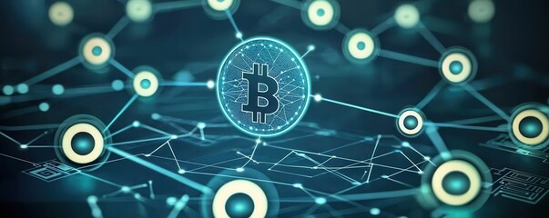 Poster - A vibrant digital representation of Bitcoin, showcasing a network of interconnected nodes and glowing circles, symbolizing blockchain technology.
