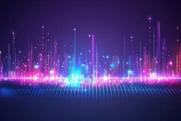 Poster - A vibrant digital skyline with glowing lines and colorful lights, creating a futuristic tech-inspired atmosphere.