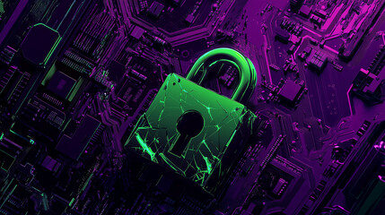 Poster - Cracked green padlock on purple circuit board background, symbolizing data breach, vulnerability, or system failure in cybersecurity